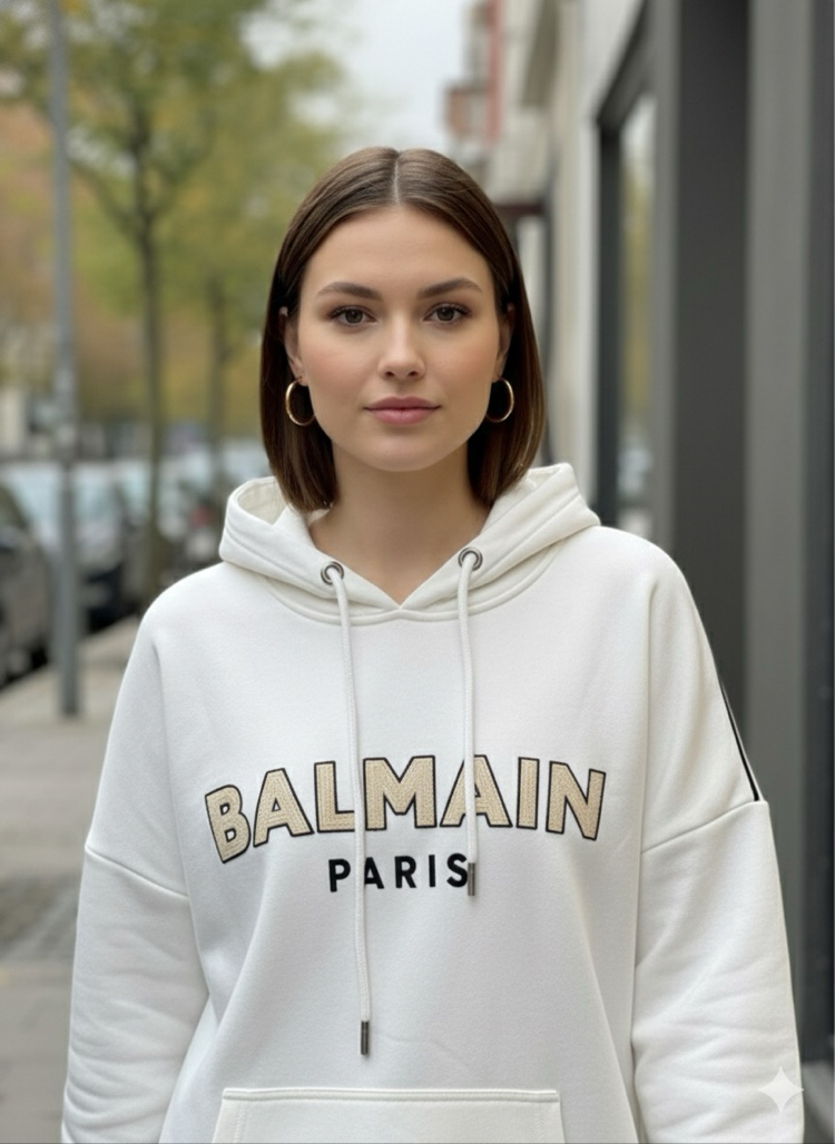 Balmain Paris Beyaz Cepli Şapkalı Sweatshirt
