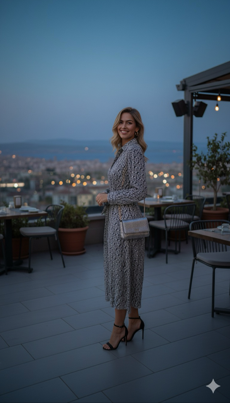 Siyah Beyaz Düşmeli Kuşaklı Elbise