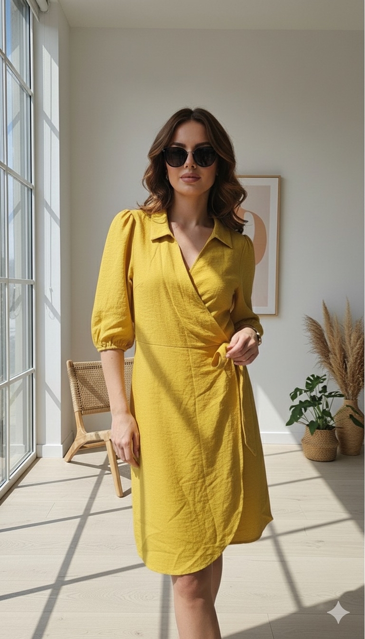 Hardal Kol Lastik Bel Fiyonk Detaylı Elbise