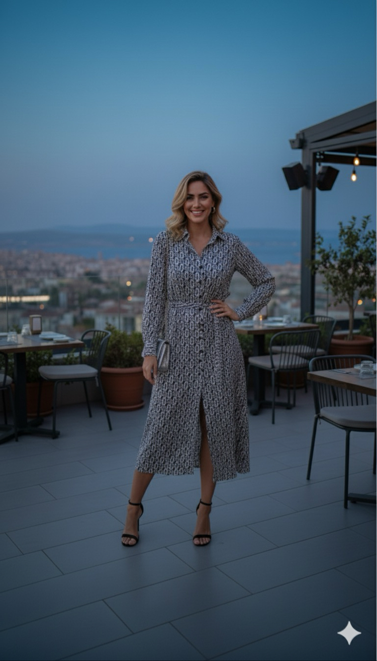 Siyah Beyaz Düşmeli Kuşaklı Elbise