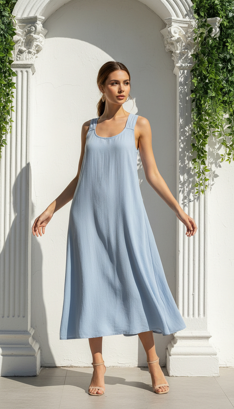 Massimo Dutti Bebek Mavisi %100 Keten Sırt Detaylı Elbise