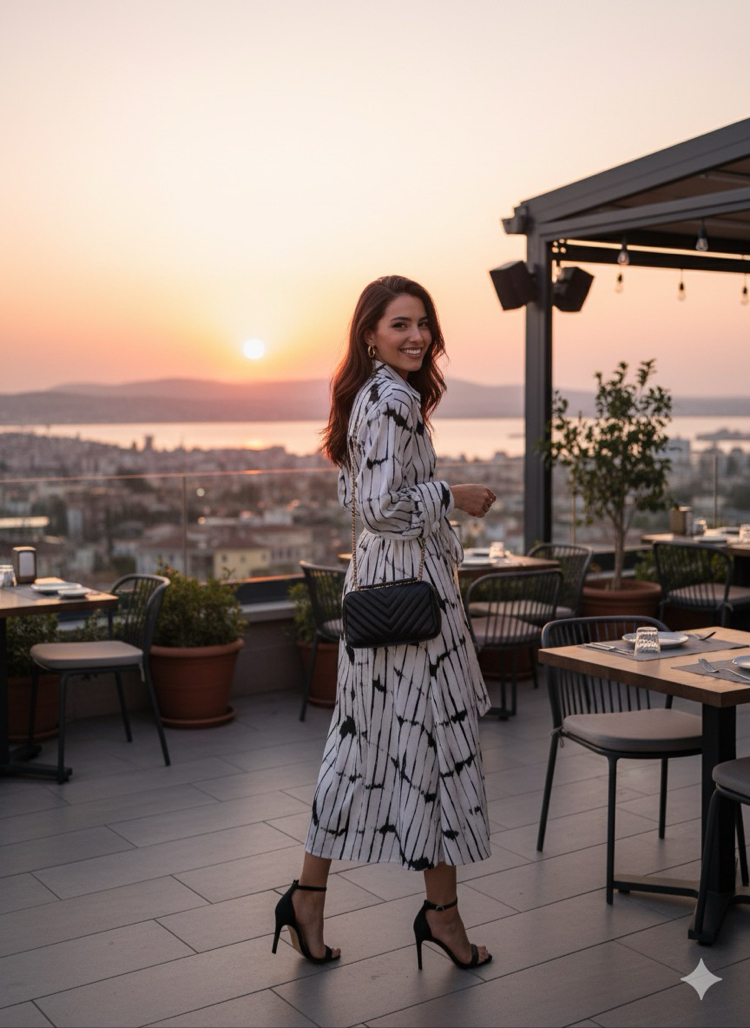 Mango Siyah Beyaz Düğme Yakalı Beli Lastikli Kuşaklı Elbise