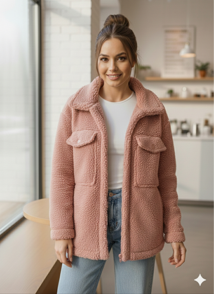 Gül Kurusu Cepli Fermuarlı Teddy Polar Ceket