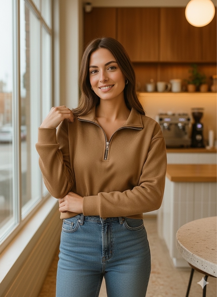 Massimo Dutti Kahverengi Süet Kumaş Yarım Fermuar Uzun Kollu Üst