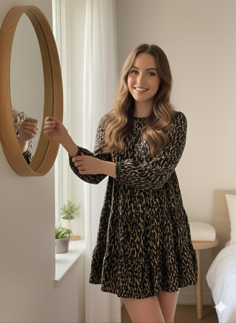 Zara Leopar Desen Uzun Kollu Kısa Elbise
