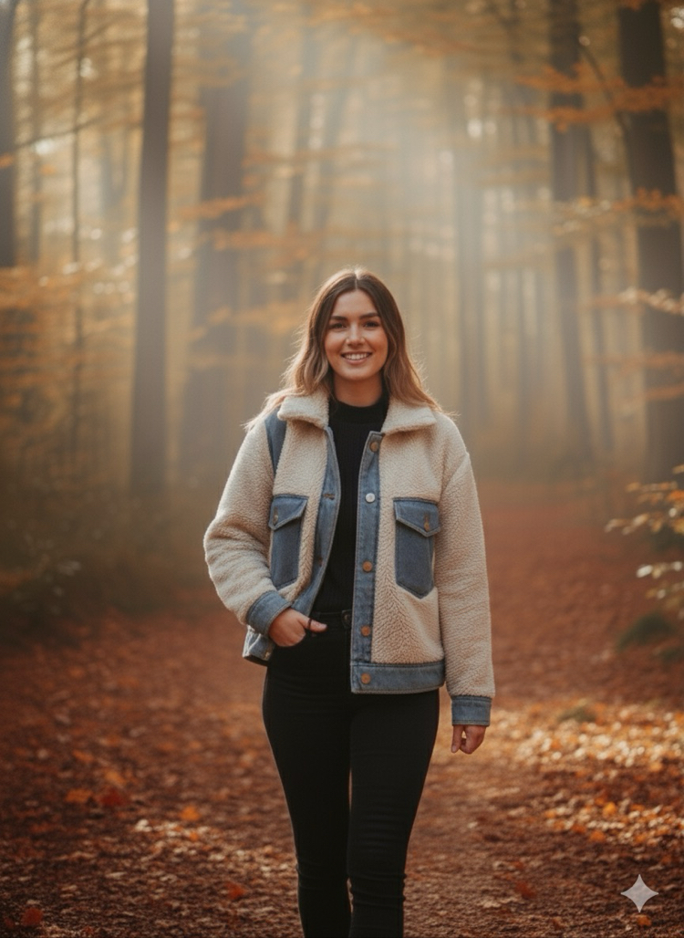 Kot Denim Detaylı Pelüş Kısa Ceket