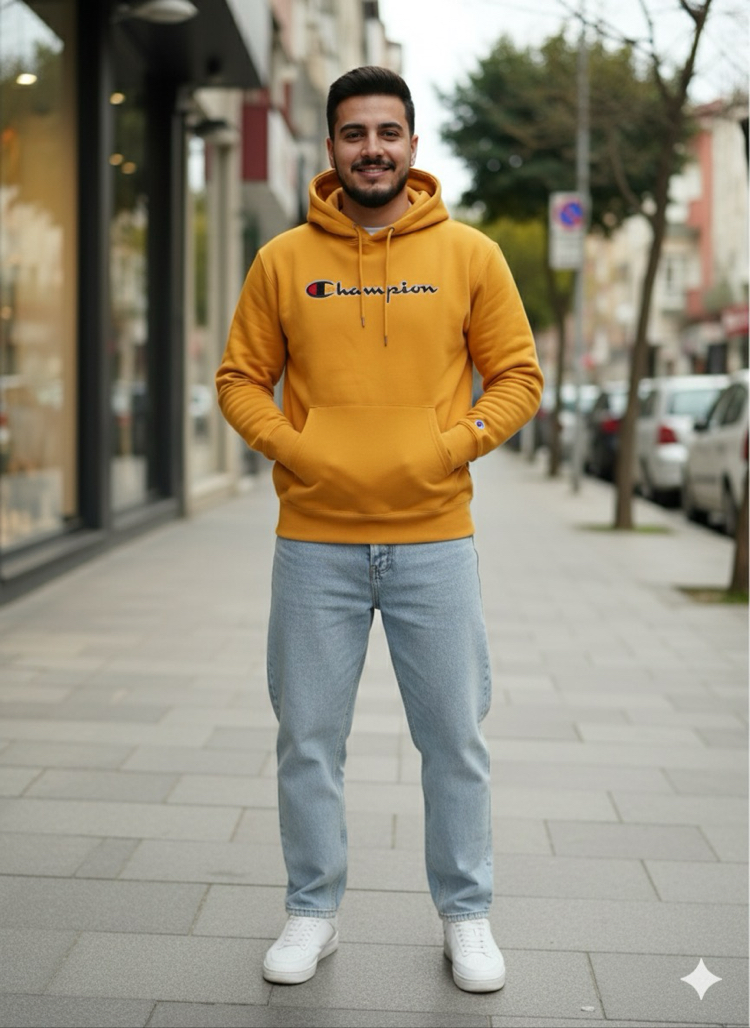 Champion Hardal Şapkalı Cepli Sweatshirt