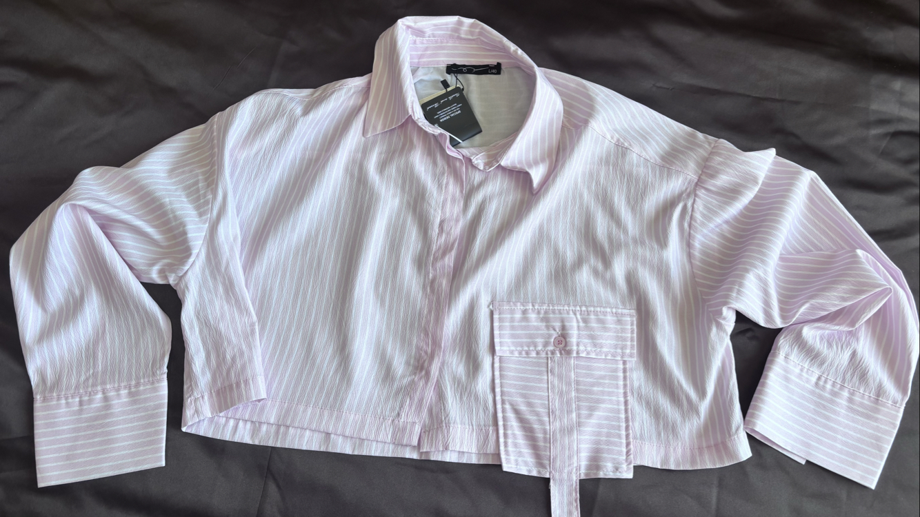 Toz Pembe Çizgili Crop Gömlek - Cep Detaylı