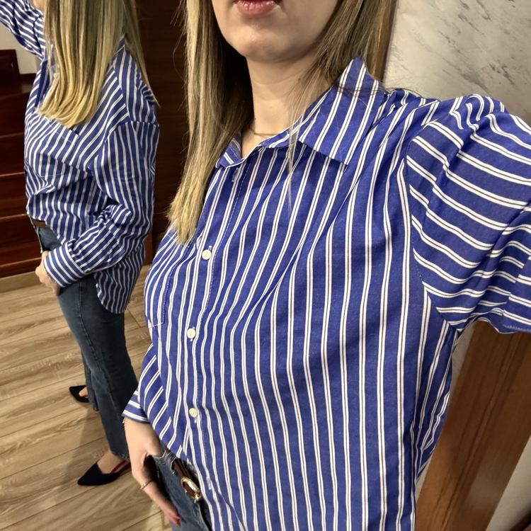 Lacoste & Mavi Beyaz Çizgili Oversize Gömlek