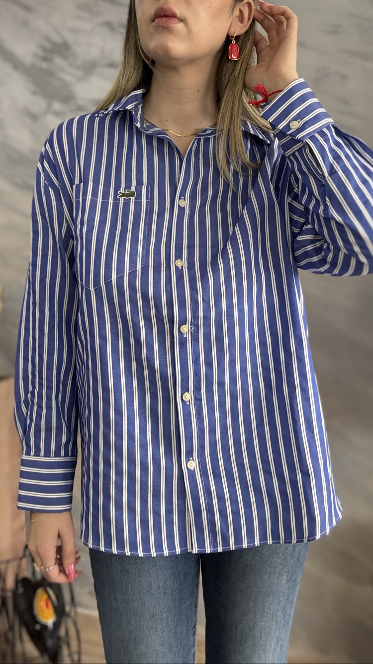 Lacoste & Mavi Beyaz Çizgili Oversize Gömlek