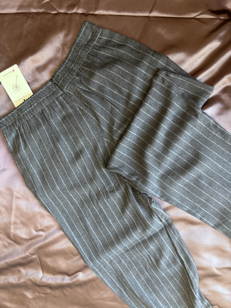 Füme Çizgili Yüksek Bel Kumaş Polyester/Viskon Yumuşacık Pantolon