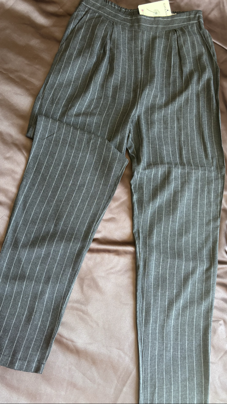 Füme Çizgili Yüksek Bel Kumaş Polyester/Viskon Yumuşacık Pantolon