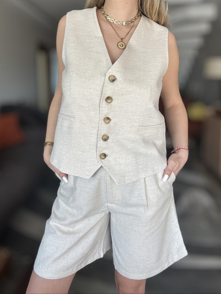 Zara&Bej Keten Yelek Şort Premium Takım (Kargo Bedava)
