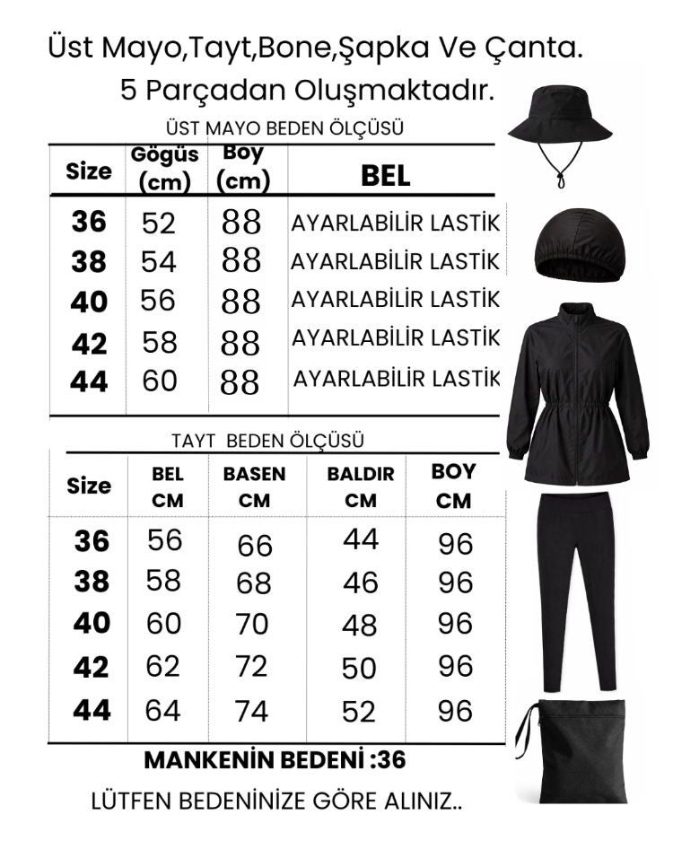  Kadın Tesettür Mayo 5'li Tam  Kapama Fermuarlı.