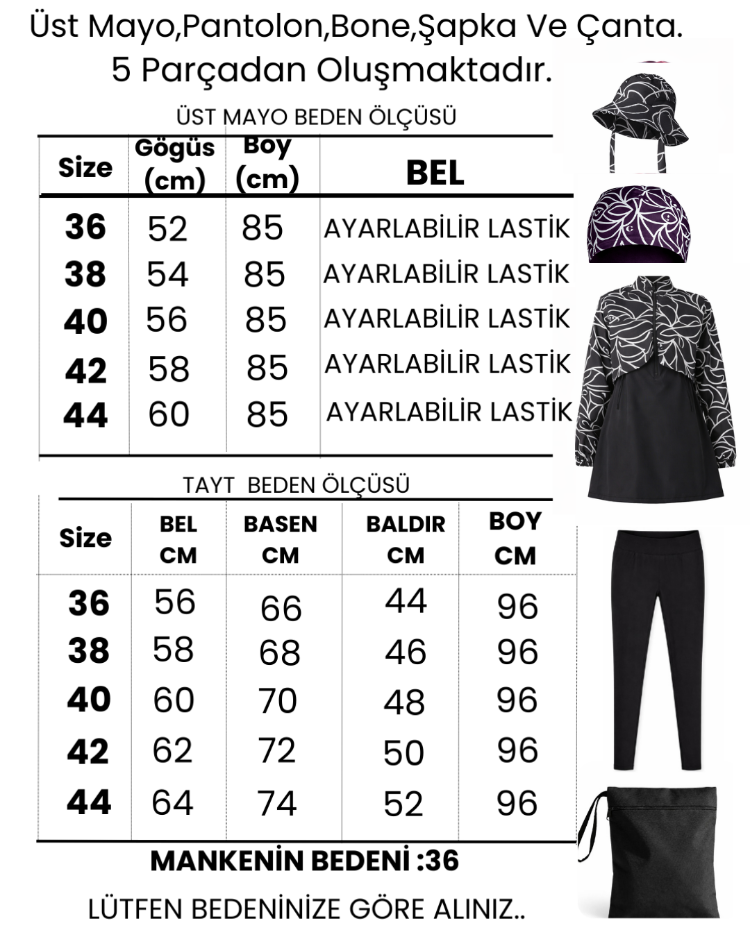 Kadın Tesettür Mayo 5'li Tam Kapama Fermuarlı.