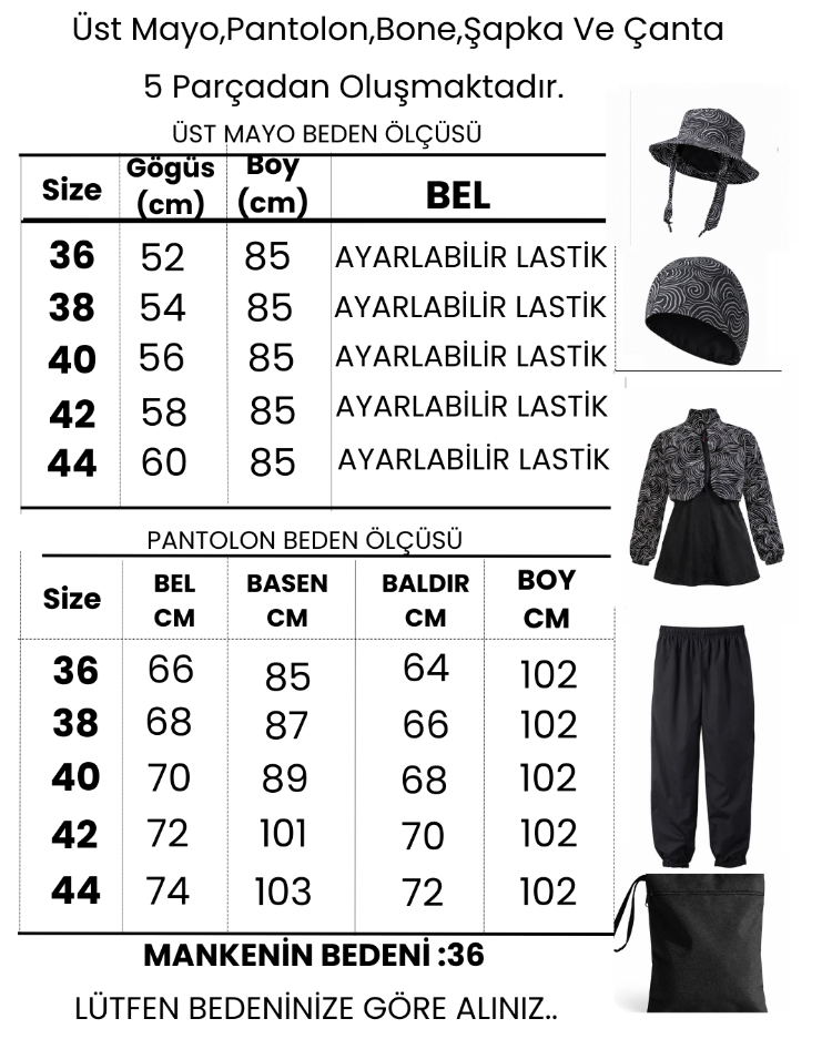 Kadın Tesettür Mayo 5'li Set-Tam Kapama Fermuarlı..