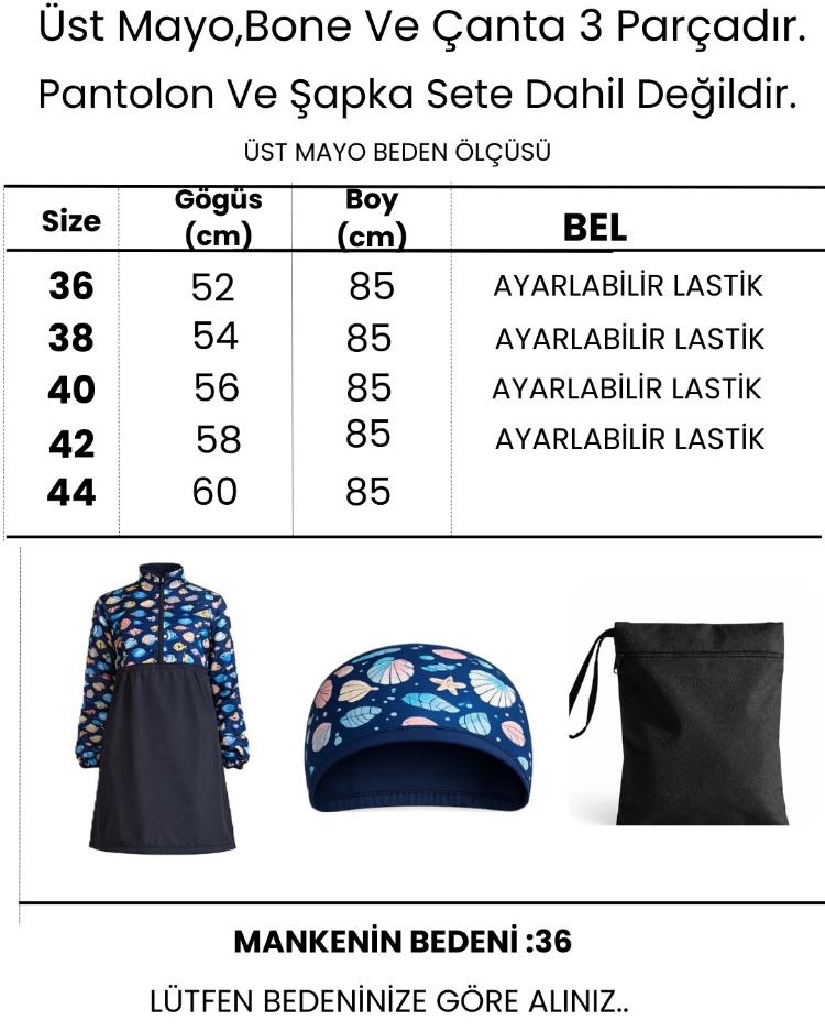  Kadın Tesettür Mayo 3'lü Set Tam  Kapama Fermuarlı.