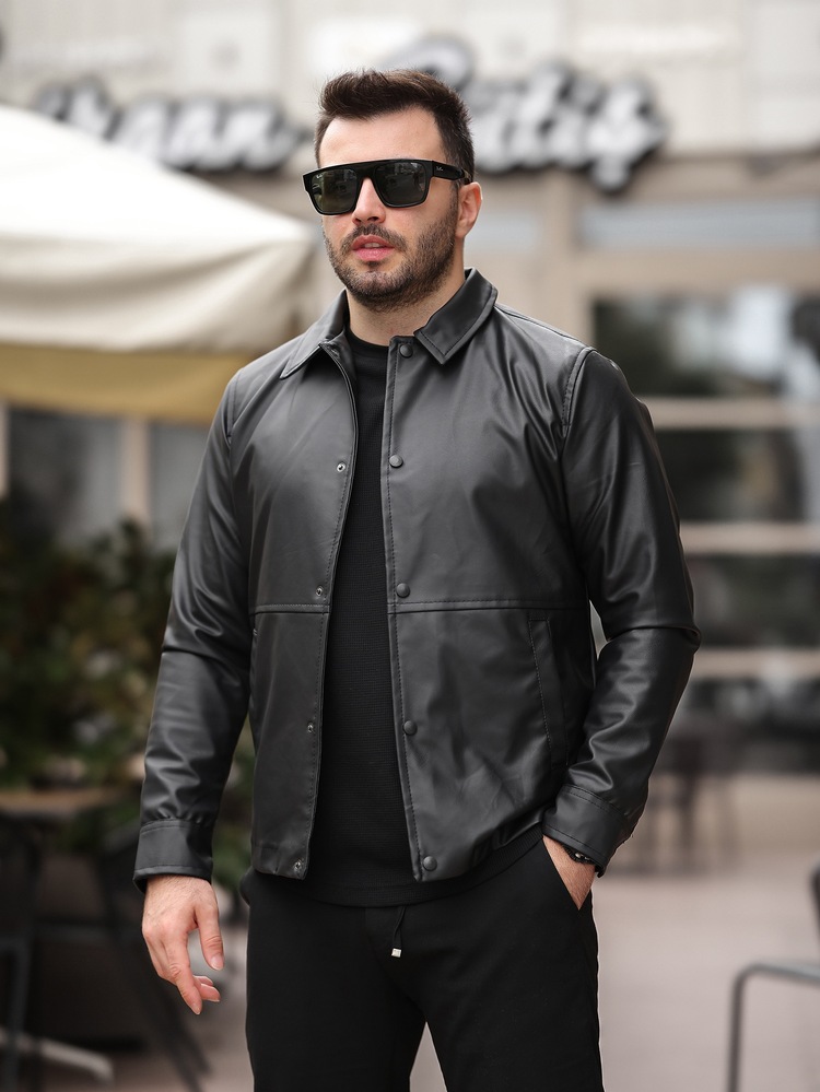 Slim Fit Çıtçıtlı Deri Ceket