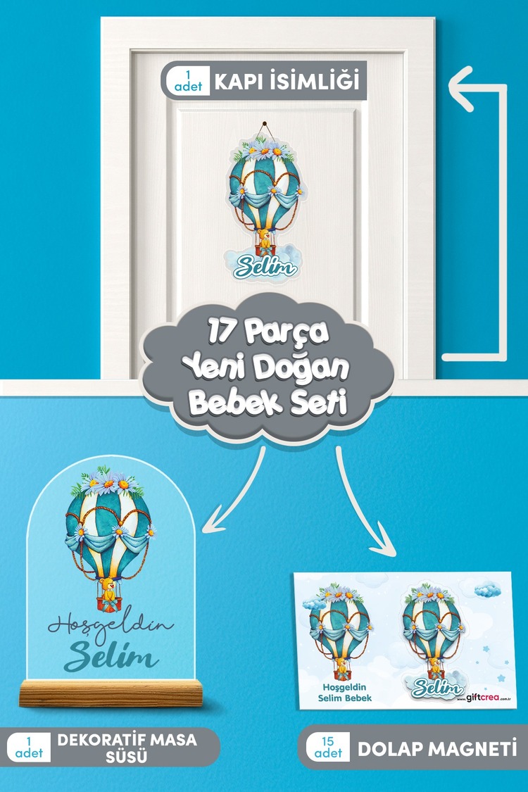 Kişiye Özel Uçan Balon Temalı 17 Parça Yenidoğan Seti - Kapı Süsü, Masa Süsü, Magnet