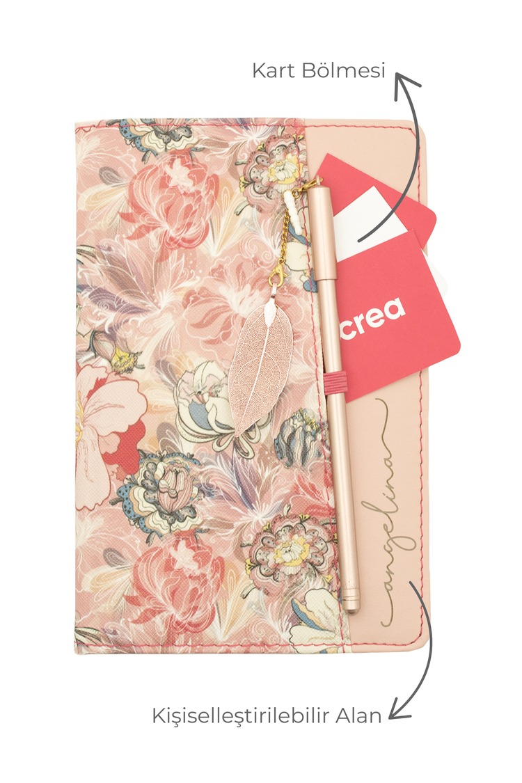 Kişiye Özel Çiçek Desenli Defter ve Tüy Kalem Seti Lazer Kazıma Günlük Kartlıklı Defter