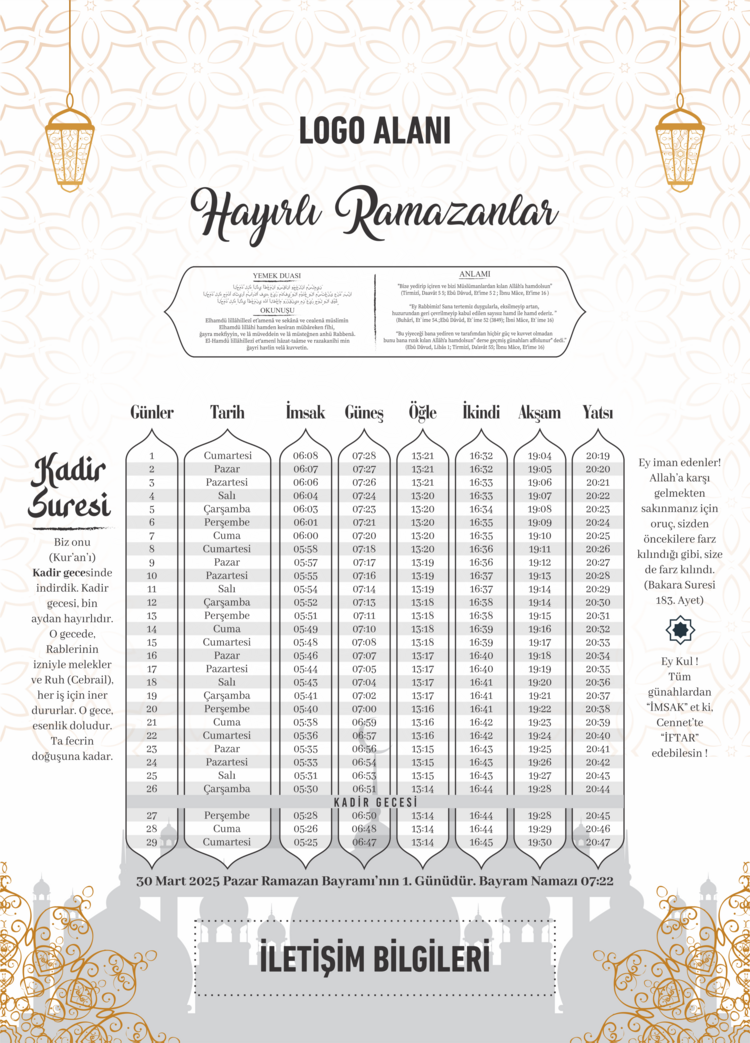Ramazan İmsakiyesi 2025, Özelleştirilebilir Kurumsal İmsakiye - Dijital Baskılı İmsakiye