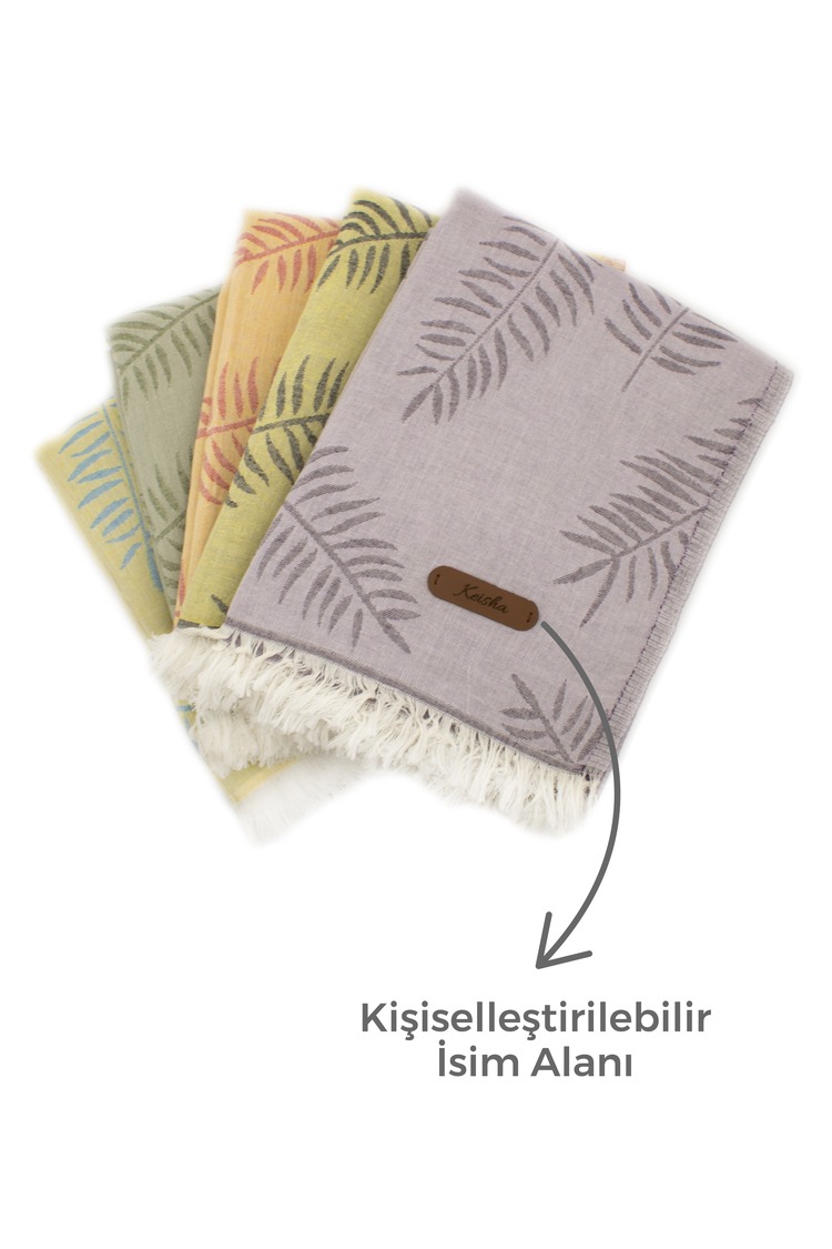 Kişiselleştirilebilir Deri Etiketli Jakarlı Premium Lotus Desenli Peştamal Plaj Havlusu