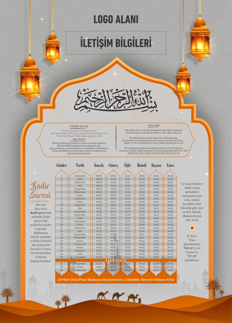 Ramazan İmsakiyesi 2025, Özelleştirilebilir Kurumsal İmsakiye - Dijital Baskılı İmsakiye