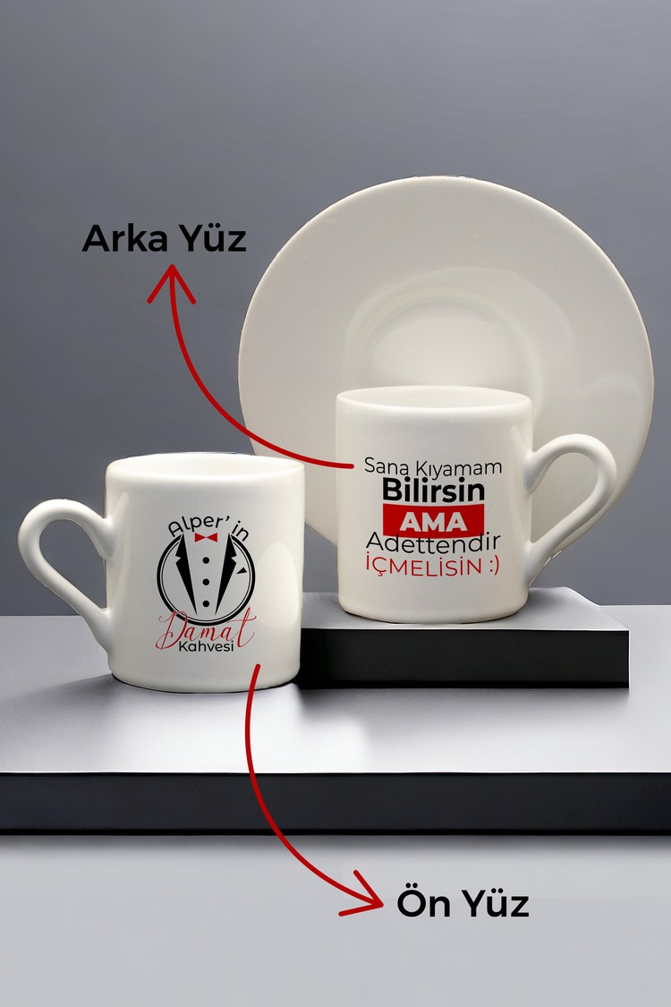 Kişiye Özel Damat Porselen Fincan Takımı İsme ve Nişan Gününe Özel Fincan Takımı