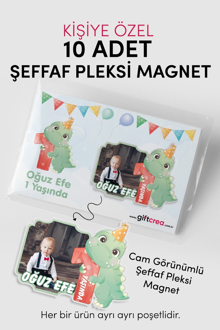 Kişiye Özel Şeffaf Pleksi Magnet – Dinozor Temalı Doğum Günü Hatırası (Her Yaşa Özel)