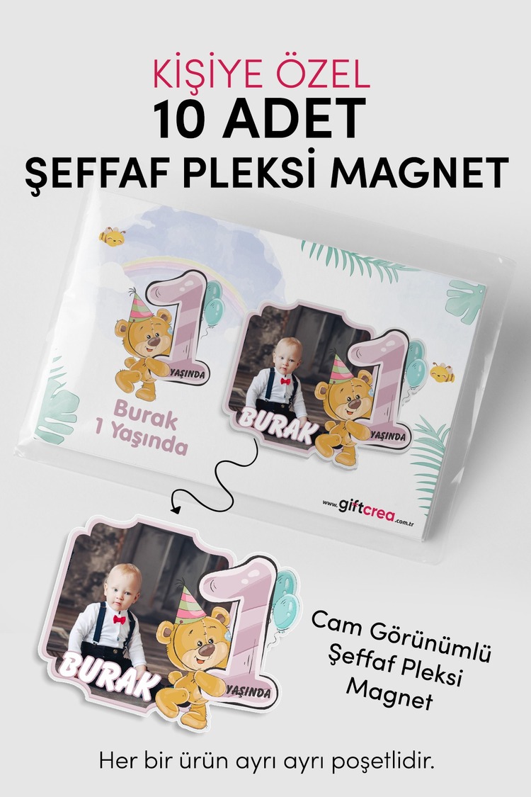 Kişiselleştirilebilir Doğum Gününe Özel Şeffaf Pleksi Magnet – Sevimli Ayıcık Model