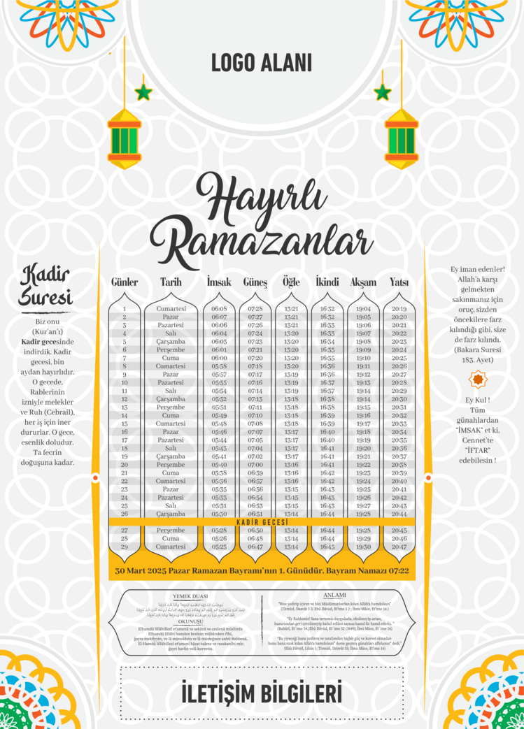 Ramazan İmsakiyesi 2025, Özelleştirilebilir Kurumsal İmsakiye - Dijital Baskılı İmsakiye