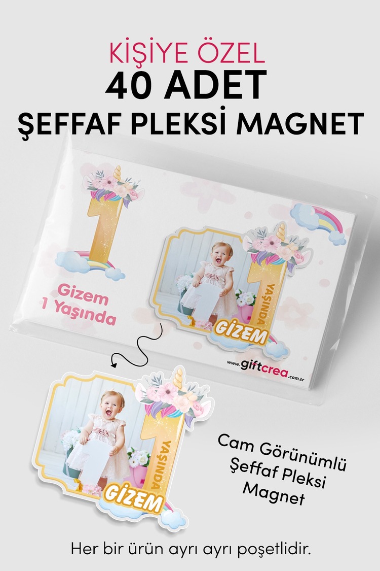 Kişiye Özel Şeffaf Pleksi Magnet – Unicorn Temalı Doğum Günü Hatırası Magnet