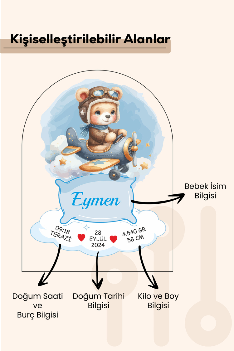 Kişiselleştirilebilir Yenidoğan Bebek Doğum Bilgileri Tablosu – Özel Tasarım Uçaklı Model