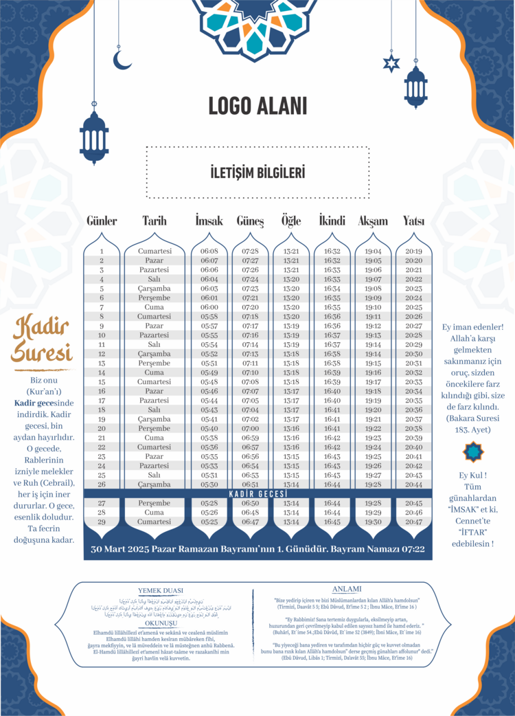 Ramazan İmsakiyesi 2025, Özelleştirilebilir Kurumsal İmsakiye - Dijital Baskılı İmsakiye
