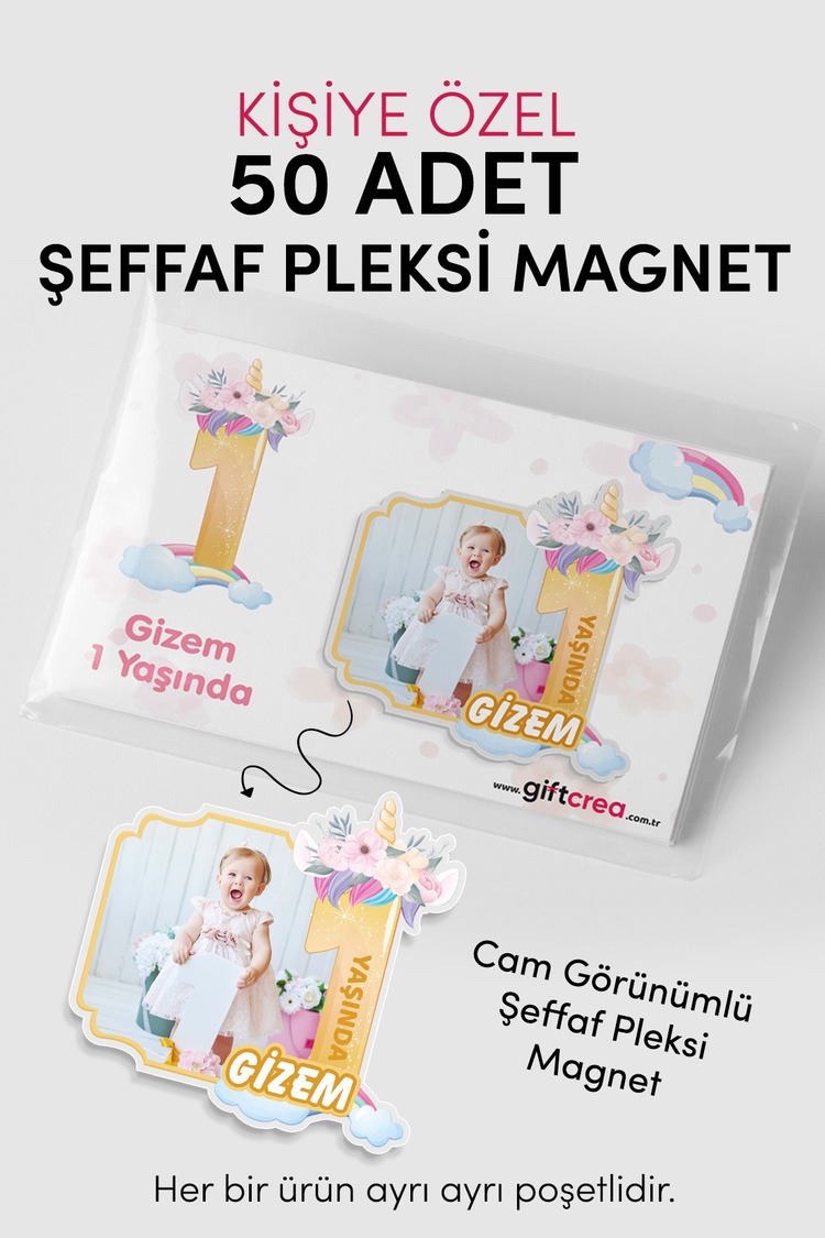 Kişiye Özel Şeffaf Pleksi Magnet – Unicorn Temalı Doğum Günü Hatırası Magnet