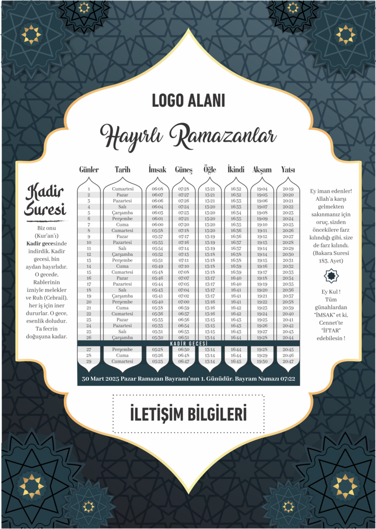 Ramazan İmsakiyesi 2025, Özelleştirilebilir Kurumsal İmsakiye - Dijital Baskılı İmsakiye
