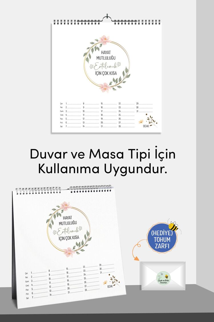 2025 Yeni Yıl Takvimi Çiçek Açan Takvim - Masa ve Duvar Tipi, Tohum Zarfı Hediyeli