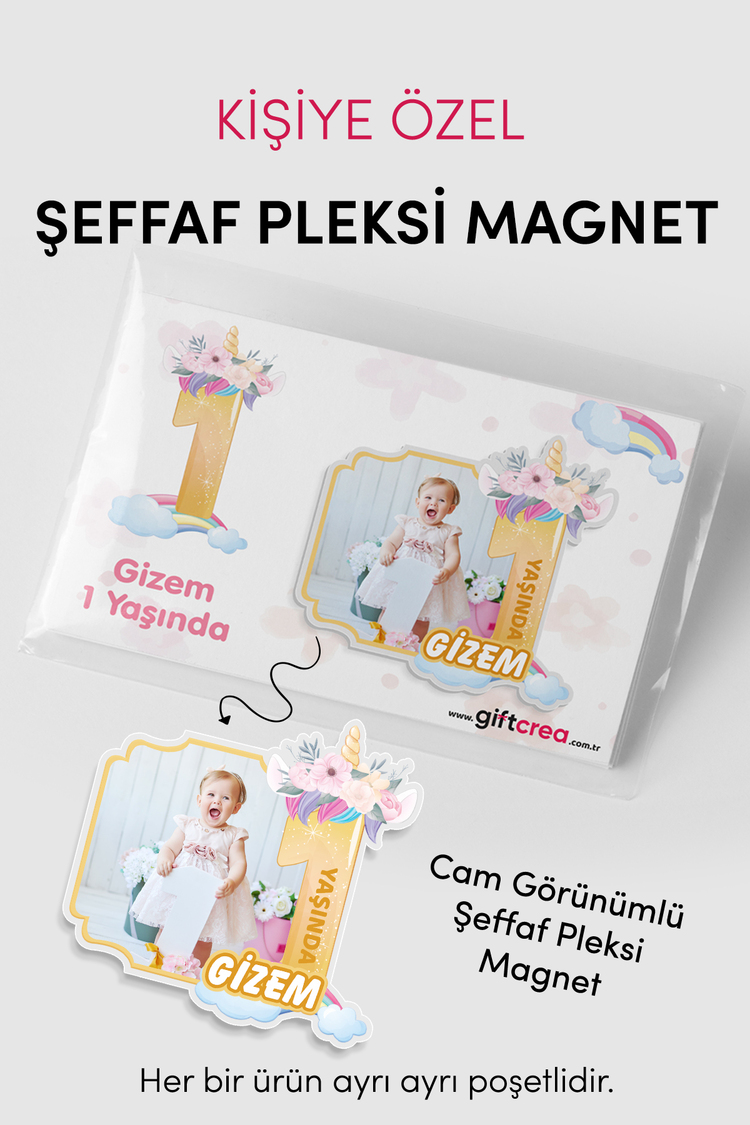 Kişiye Özel Şeffaf Pleksi Magnet – Unicorn Temalı Doğum Günü Hatırası Magnet