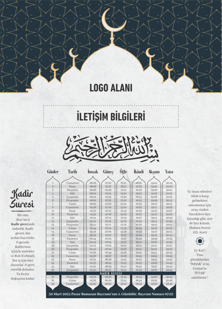 Ramazan İmsakiyesi 2025, Özelleştirilebilir Kurumsal İmsakiye - Dijital Baskılı İmsakiye