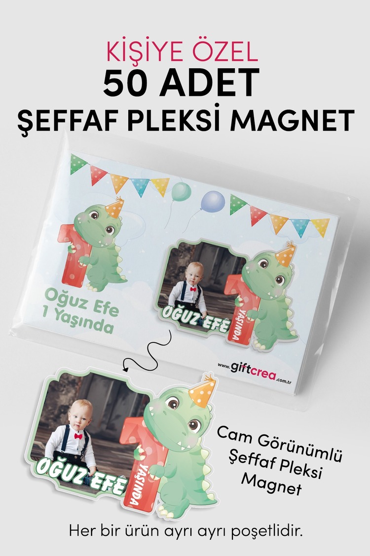 Kişiye Özel Şeffaf Pleksi Magnet – Dinozor Temalı Doğum Günü Hatırası (Her Yaşa Özel)