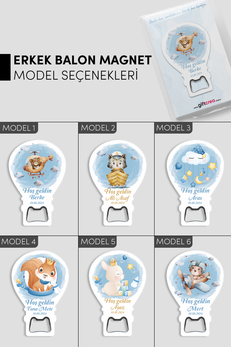 Kişiye Özel Açacaklı Balon Magnet – Sevimli Dostlar Serisi (6 Farklı Erkek Model Seçenekli)