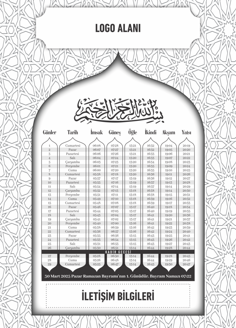 Ramazan İmsakiyesi 2025, Özelleştirilebilir Kurumsal İmsakiye - Dijital Baskılı İmsakiye