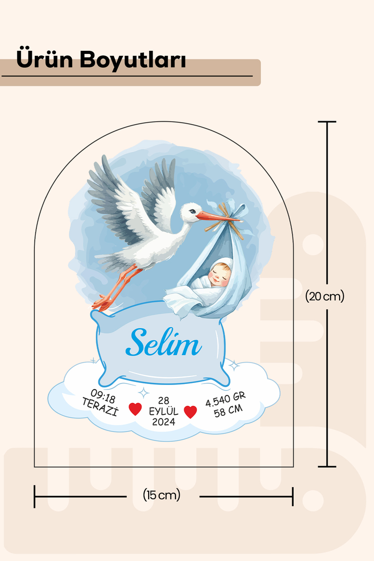 Kişiselletirilebilir Pleksi Bebek Doğum Bilgileri Tablosu – Özel Tasarım Leylek Konsepti
