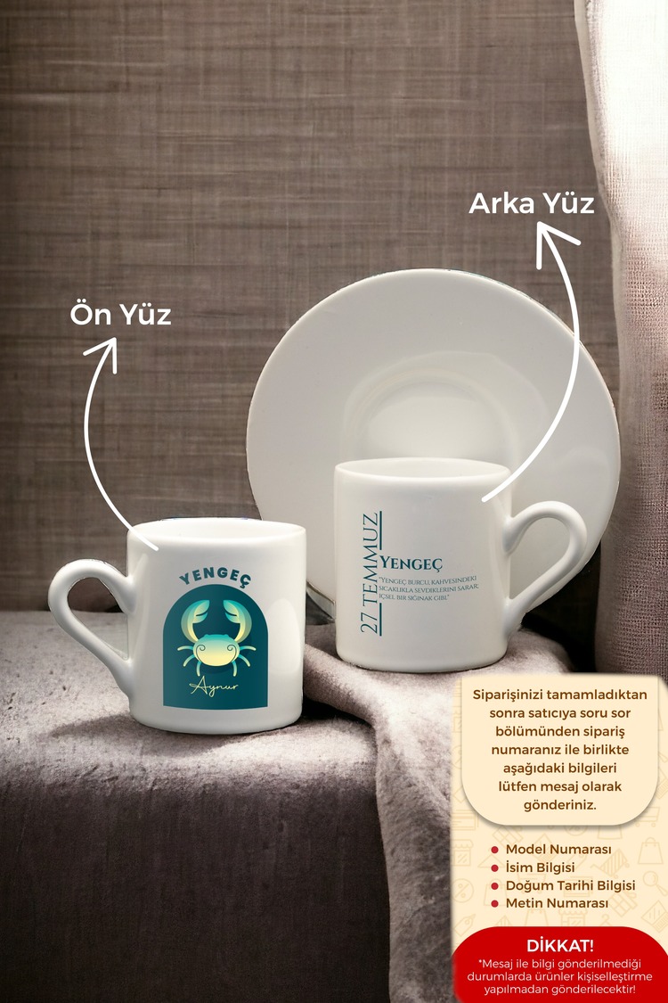 Özelleştirilebilir Porselen Fincan Takımı ,Çift Kişilik ,İsme ve Burca Özel Fincan Takımı