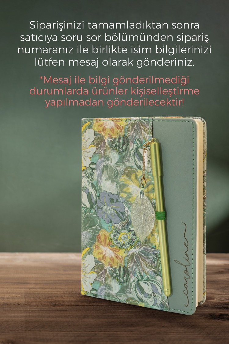 Kişiye Özel Çiçek Desenli Defter ve Tüy Kalem Seti Lazer Kazıma Günlük Kartlıklı Defter