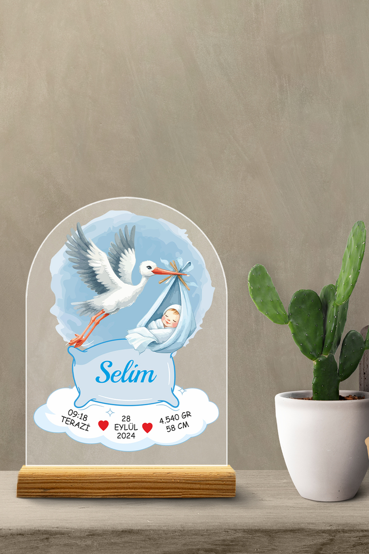 Kişiselletirilebilir Pleksi Bebek Doğum Bilgileri Tablosu – Özel Tasarım Leylek Konsepti