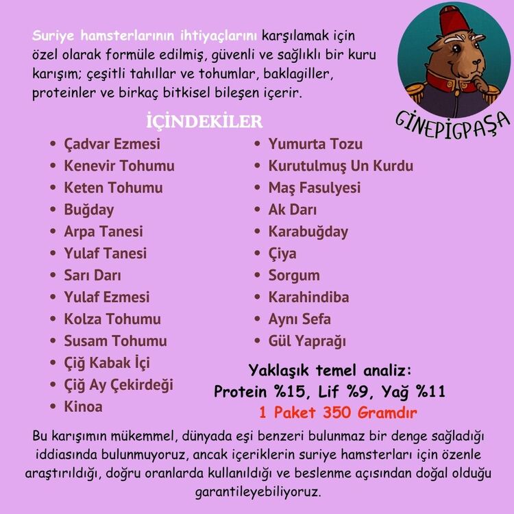 Suriye Hamster Karışım Yemi (Ginepig Paşa Özel Formülü)