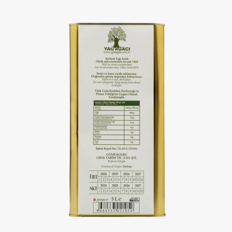 5 Litre Gisagis Zeytinyağı - 0,1 Asidite, Erken Hasat, Soğuk Sıkım