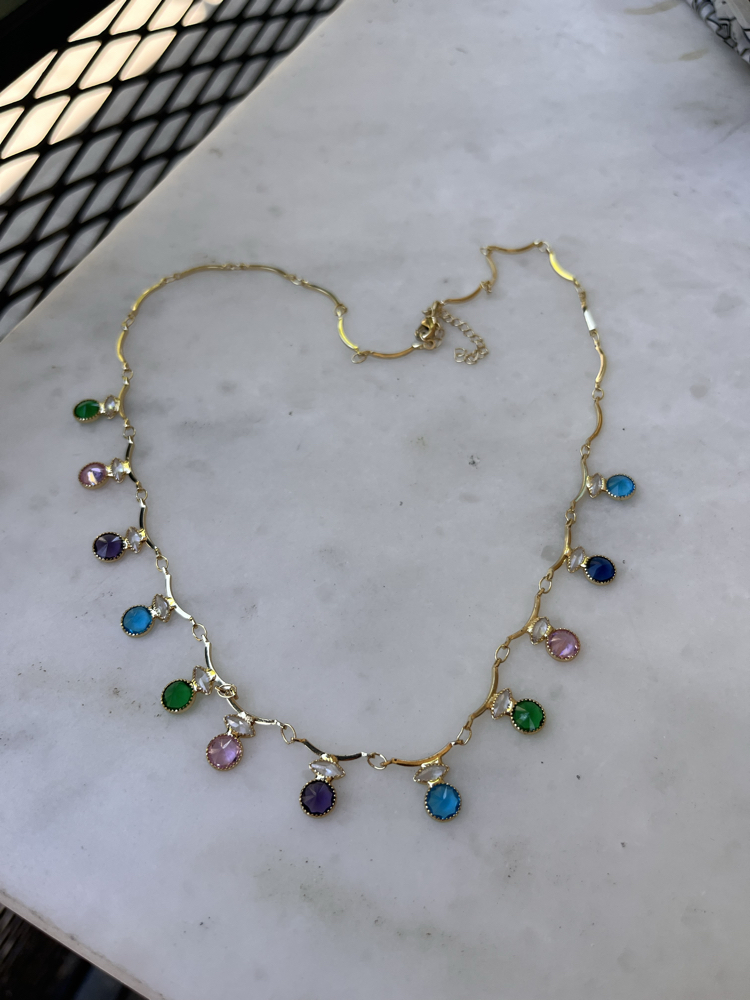 Renkli Taşlı Gold Choker Kolye
