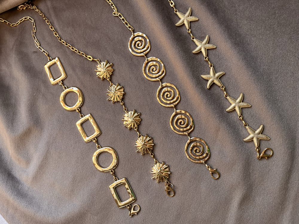 Spiral Dokulu Gold Bel Zinciri